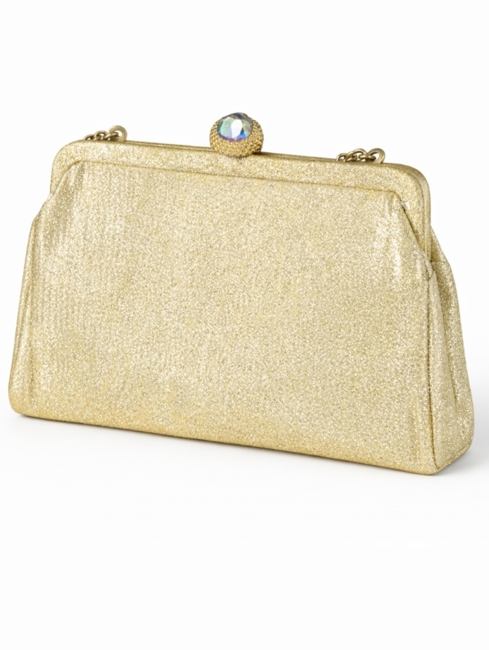 Vintage Gold Shimmer Evening Clutch Bag Iridescent Jewel Kiss Lock Chain Strap